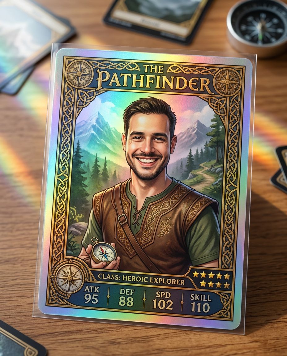 A holographic trading card generated from a real photo
